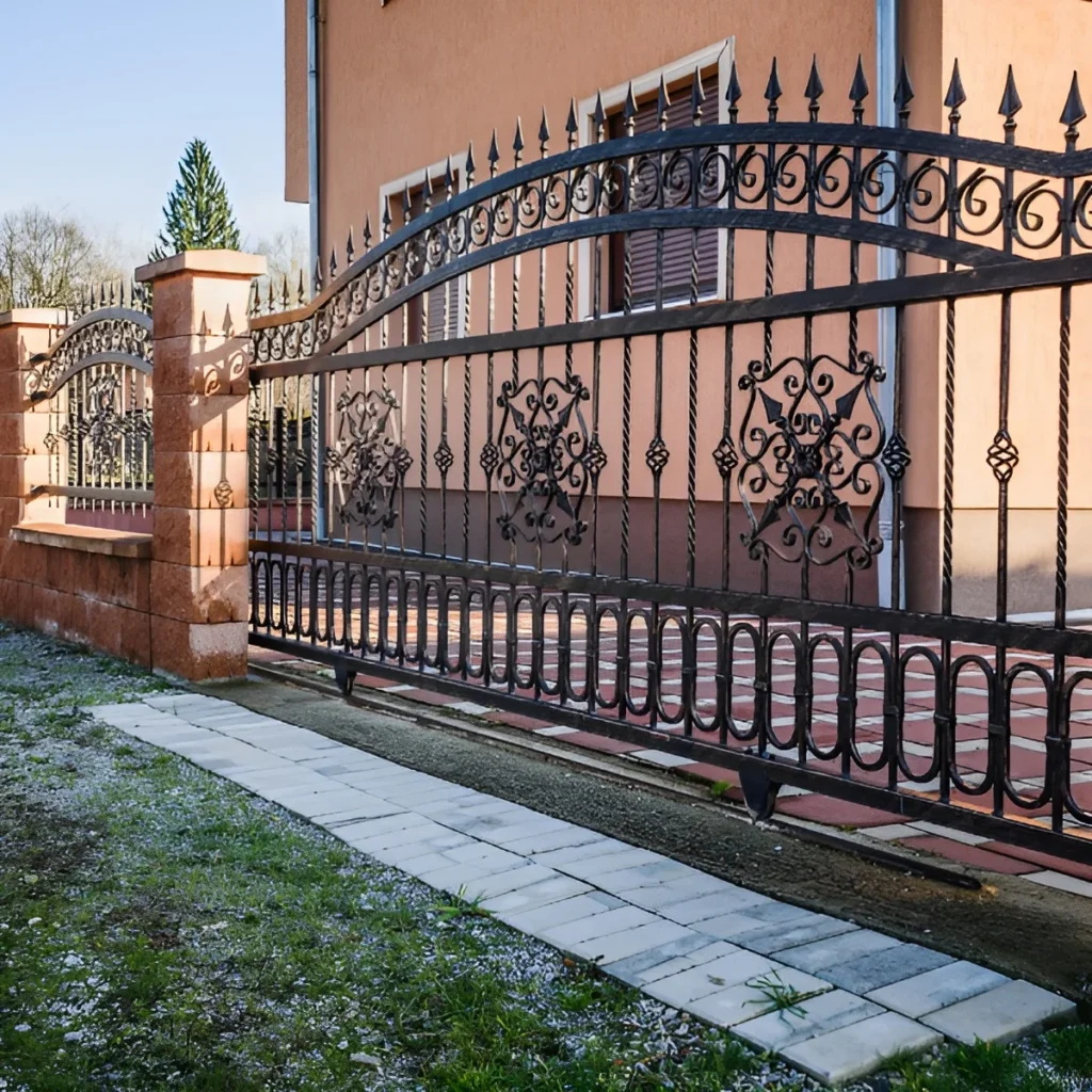 An image showing elegant wrought iron fencing with decorative patterns.