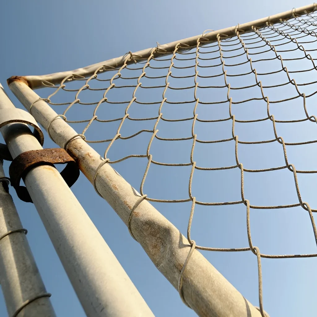 An image showing a technician repairing a chain link fence.