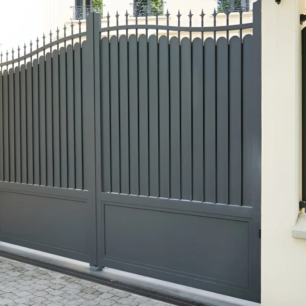 An image showing modern lightweight aluminum gates with a powder-coated finish.