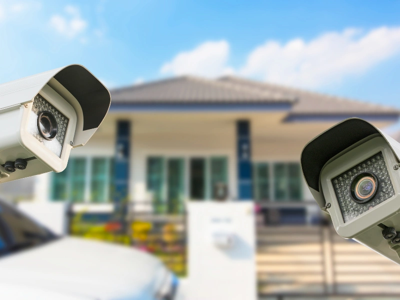 Image of a fence with mounted security cameras.