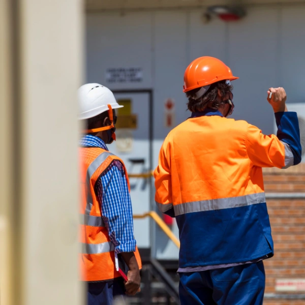 Image of contractor inspecting completed fence installation.