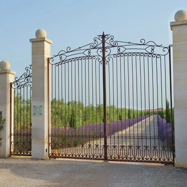 Image of wrought iron driveway gate with desert home.