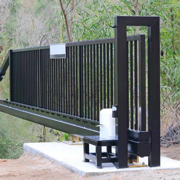 Image representing a modern metal gate with an automatic opener.