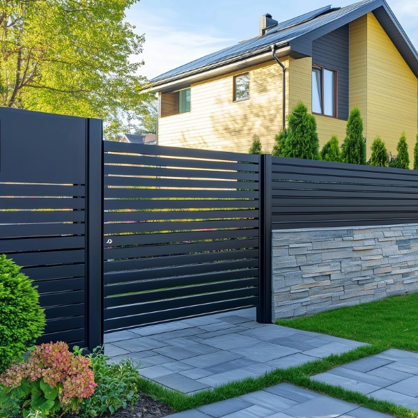 A compliant pool safety fence installed around a residential pool.