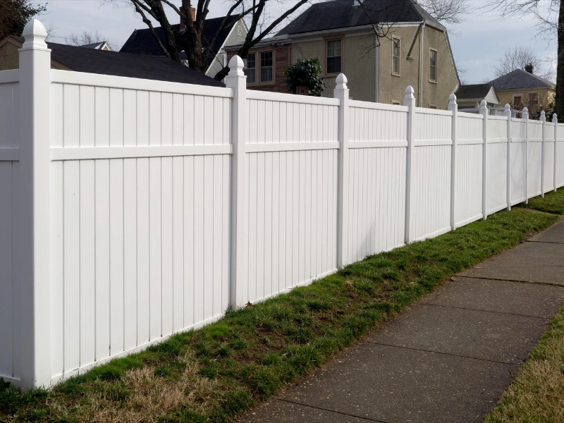 A professional vinyl fence installation in progress.