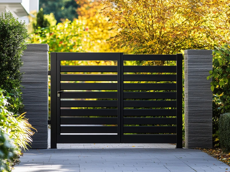 A secure dog fence with an automated gate.
