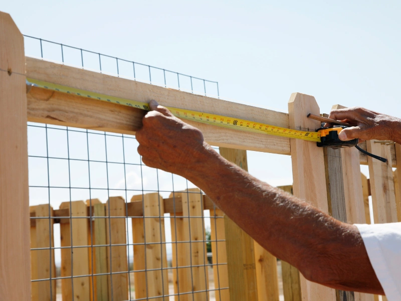 Professional dog fence installation showing contractors setting fence posts in desert soil.